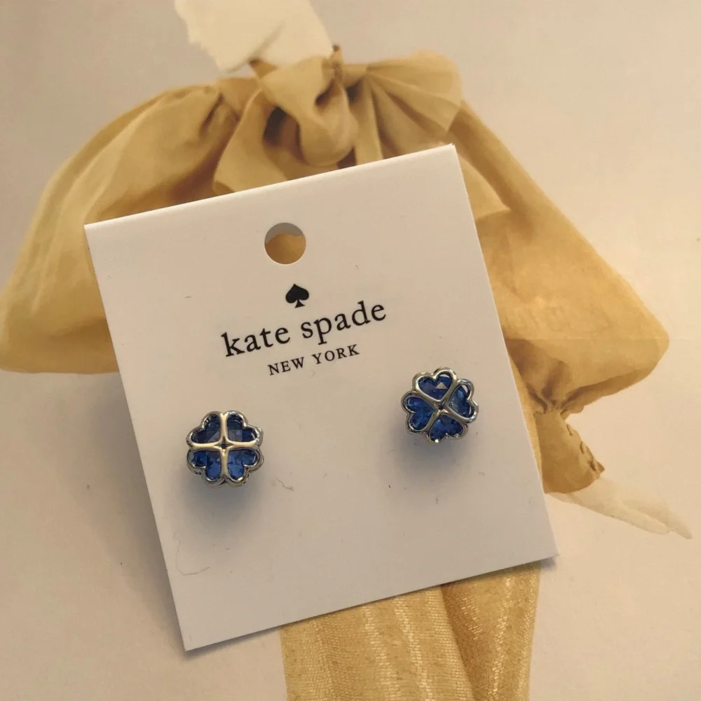 Authentic New on card kate spade blue crystal four-leaf clover stud earrings - Picture 5 of 8